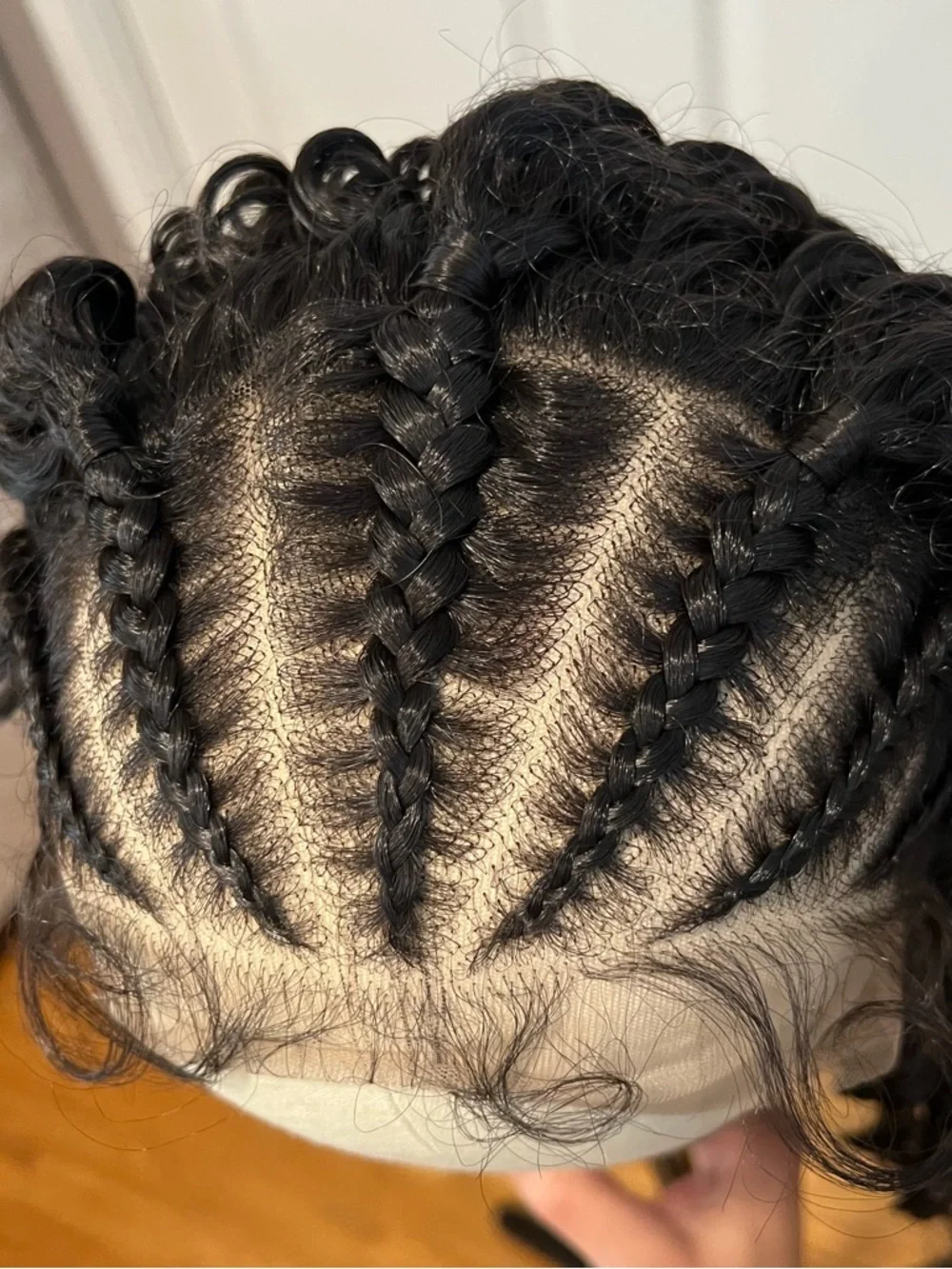 Synthetic 16” Natural Black Curly Lace Front Wig with Cornrowed Parts It#UC9